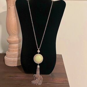 Vintage double sided green tassel pendant with long gold  tone chain